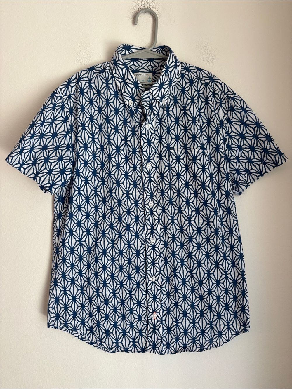 Crewcuts J. Crew boy Navy & White Geometric Short-Sleeve Button-Down Shirt 14